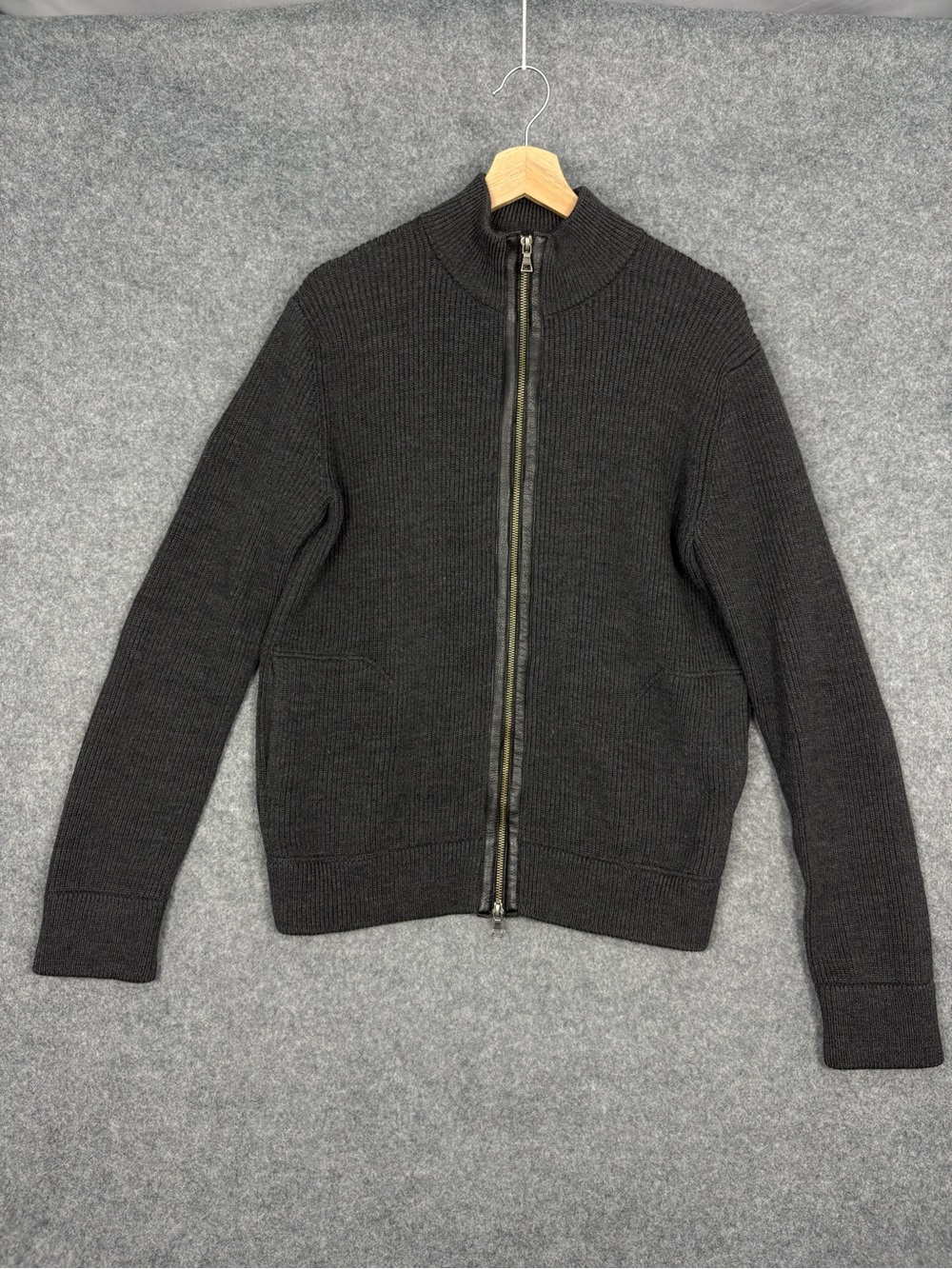Vince 100% Wool Full Zip Cardigan Sweater Leather Trim Gray Large